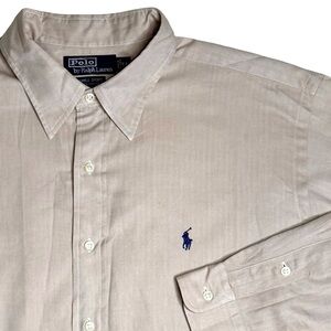 VTG Polo Ralph Lauren Lowell Sport Herringbone Shirt Tan Beige Cotton Sz XL